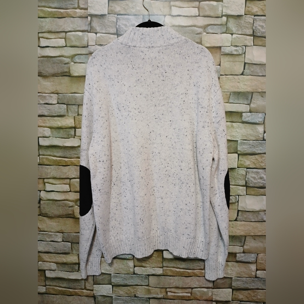 Mens Large Chaps Tweed Mock Neck Popover Sweater Elbow Patch Oatmeal Speck - Picture 3 of 5